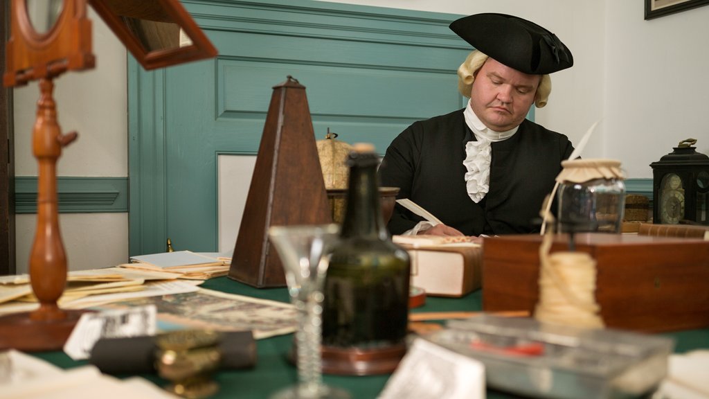 An interpreter dressed as George Wythe works at his desk.