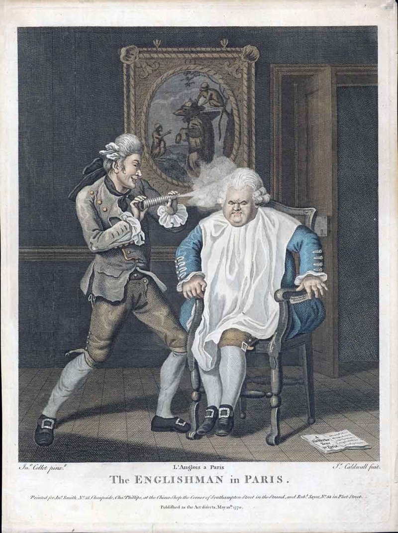 The ENGLISHMAN in PARIS.; After work by John Collet; Engraved by James Caldwell; London, 1770, Hand-colored engraving with period hand color. Colonial Williamsburg Foundation, Museum Purchase, 1940-174