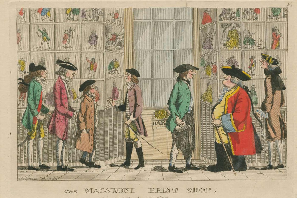 An illustration from the 18th century, in color, of 7 men dressed in period attire outside of a decorated window