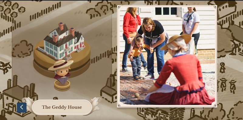 An illustration of a map of Williamsburg with a Geddy House icon and photo of a family of playing in the Geddy Yard.