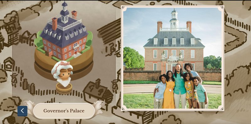 An illustration of a map of Williamsburg with a Governor&#x27;s Palace icon and photo of a family of 6 in front of the Governor&#x27;s Palace.