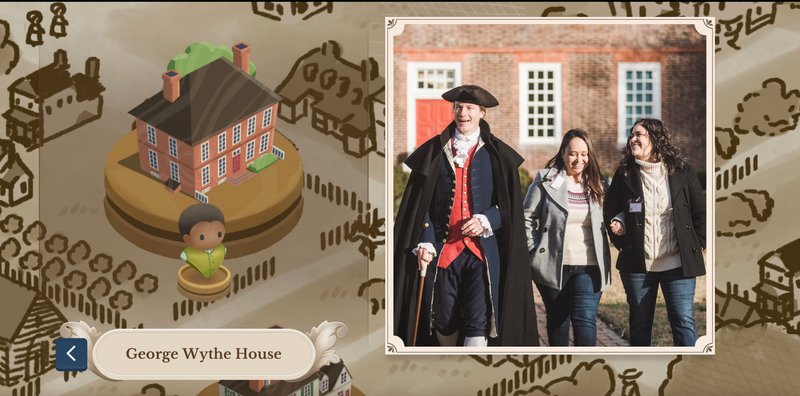 An illustration of a map of Williamsburg with the Wythe House icon and a photo of Thomas Jefferson with guests in front of the Wythe House.